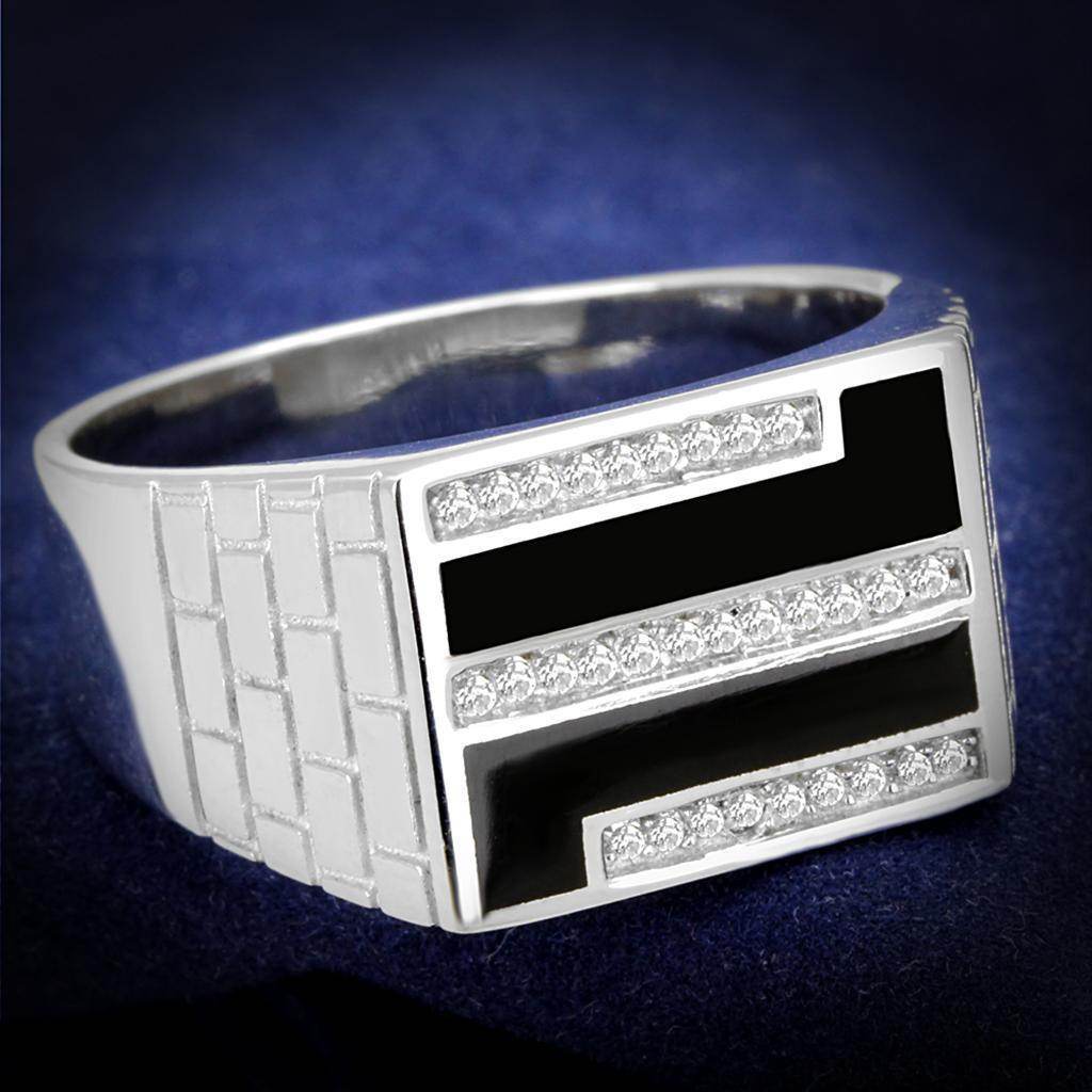 Men's rhodium 925 sterling silver ring with black enamel and sparkling accents for stylish elegance