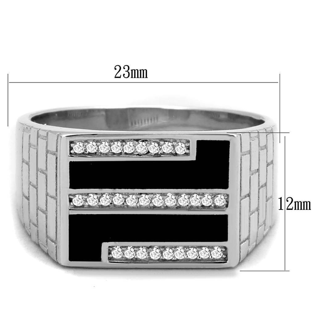 Men's rhodium 925 sterling silver ring with black enamel and diamond-like accents