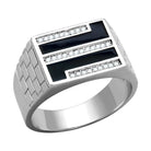 Stylish men's rhodium 925 sterling silver ring featuring black accents and sparkling details