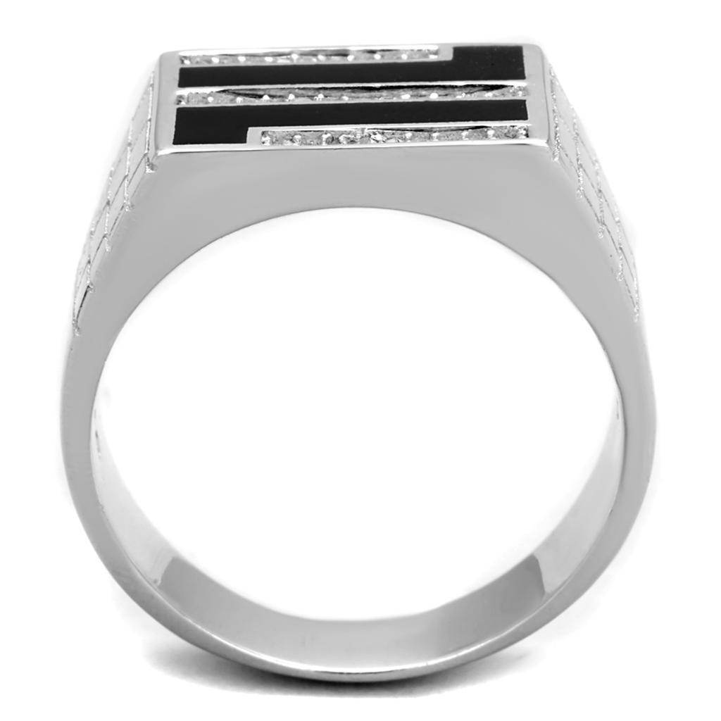 Men's rhodium 925 sterling silver ring with sleek black and diamond accents for a modern look