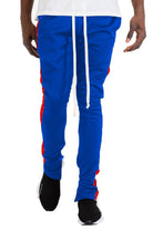 Men's royal blue joggers with red side stripes and adjustable drawstring for comfort and style