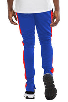 Men's royal blue joggers with red side stripes, perfect for casual and athletic wear