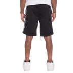 Back view of mens side tape checkered shorts in black with white checkered side tape and back pocket