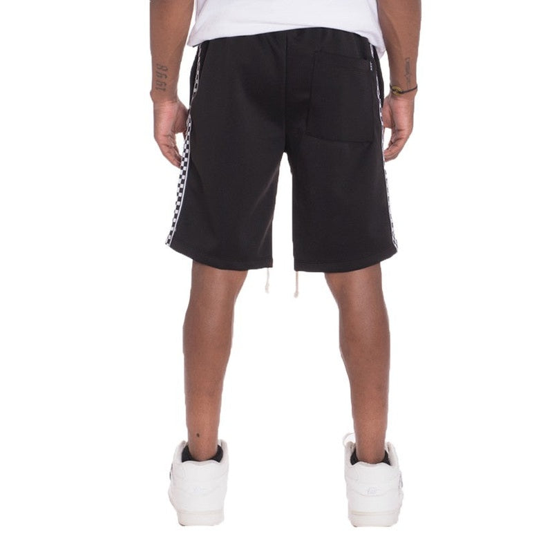 Back view of mens side tape checkered shorts in black with white checkered side tape and back pocket