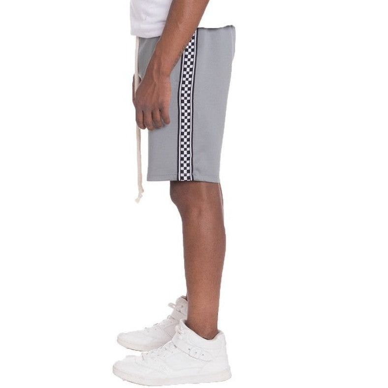 WEIV mens side tape checkered shorts in gray with black and white checkered side stripe