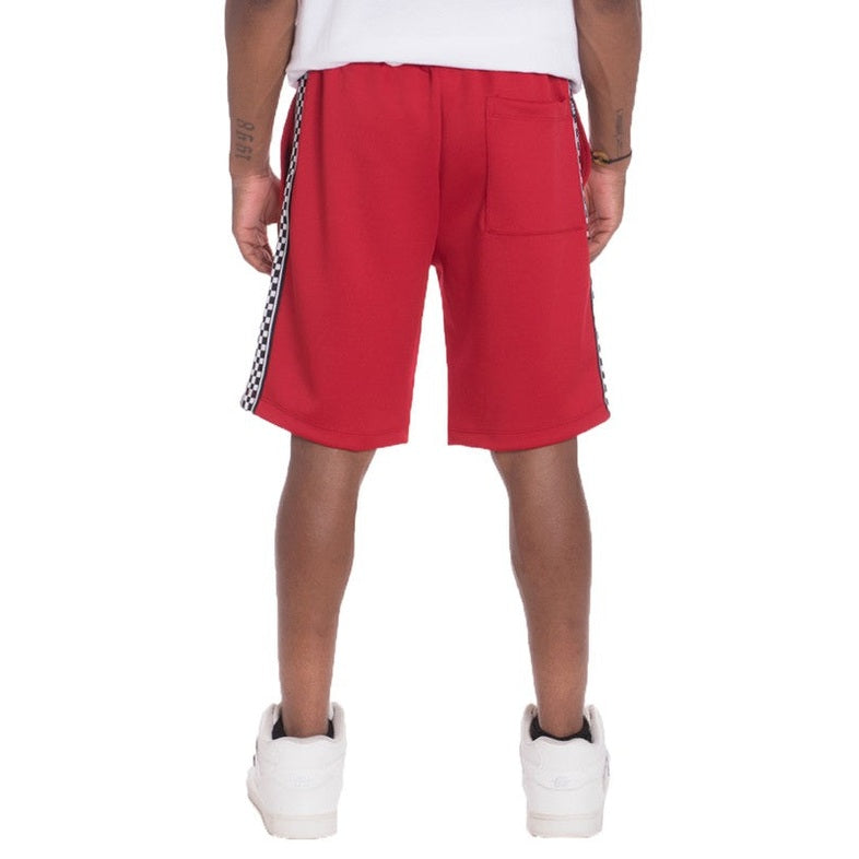 WEIV mens side tape checkered shorts in red with back pocket and black white checkered side stripe