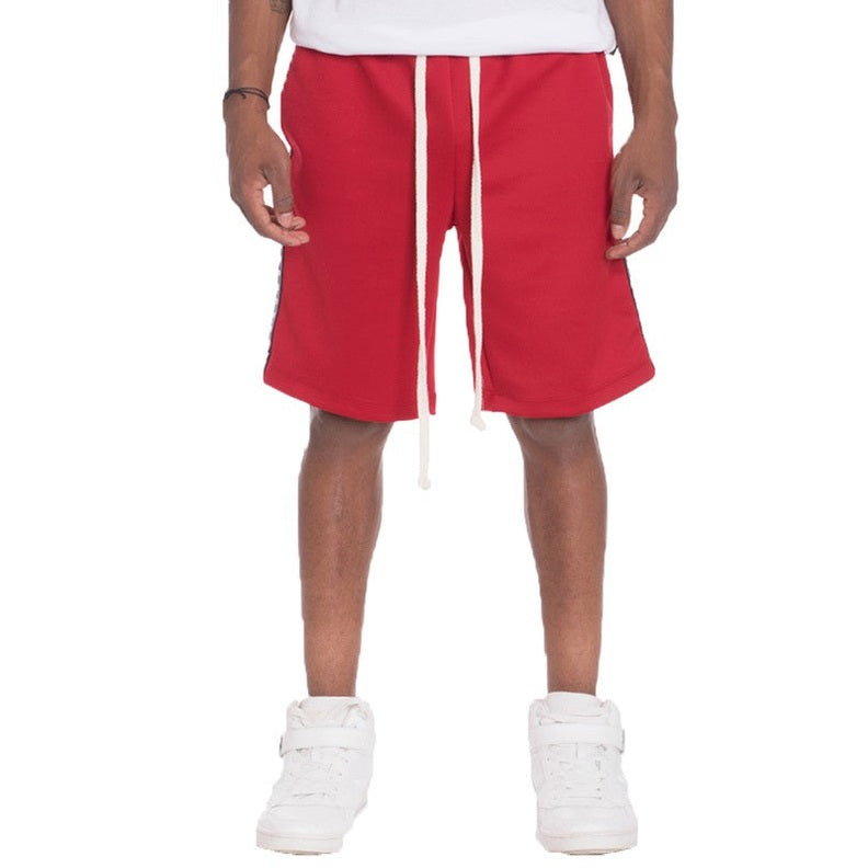WEIV mens side tape checkered shorts in red with white drawstrings and black checkered tape side detailing