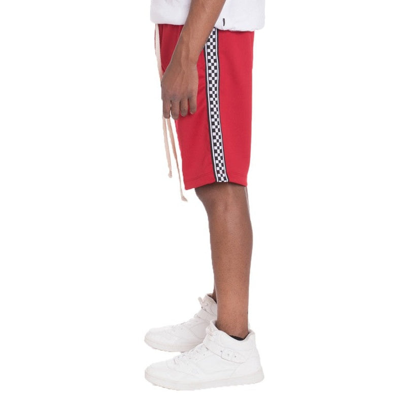 Red mens side tape checkered shorts with drawstring waist and black and white checkered side tape