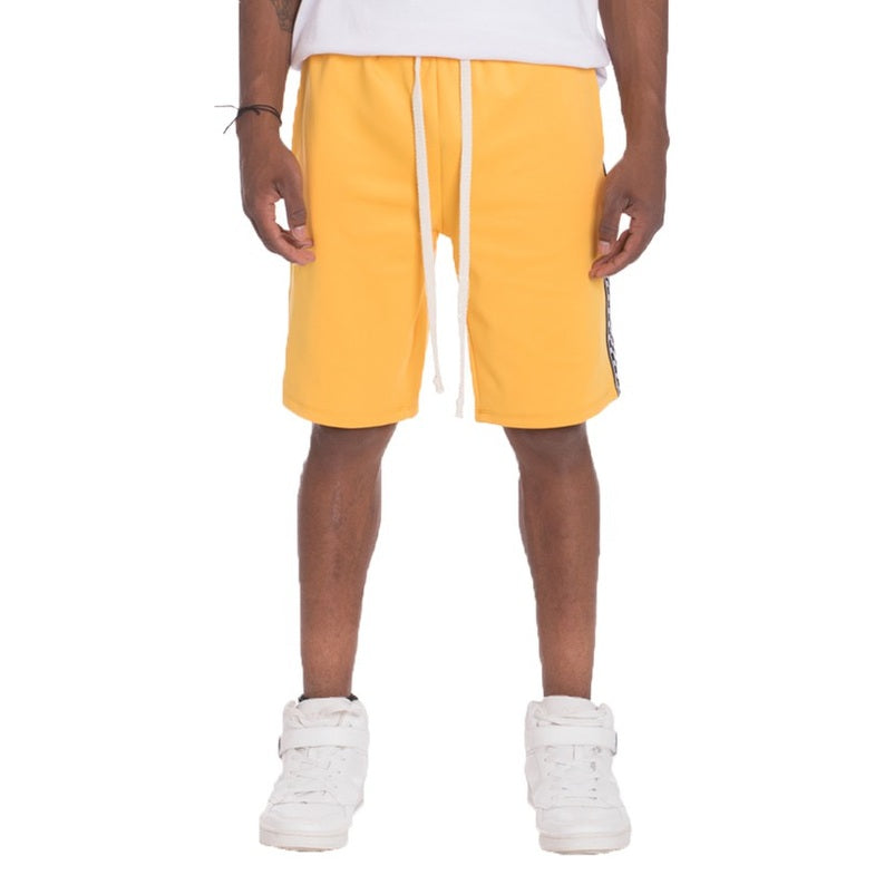 WEIV mens side tape checkered shorts in yellow with white drawstring and side stripe detail
