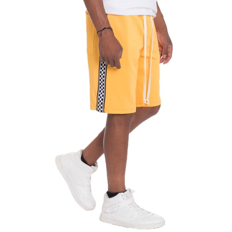 WEIV mens side tape checkered shorts in yellow with black and white checkered side stripe