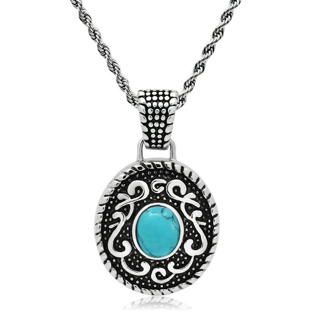 Men's silver necklace high polished with intricate design and turquoise stone centerpiece