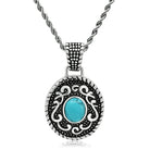 Men's silver necklace high polished with intricate design and turquoise stone centerpiece