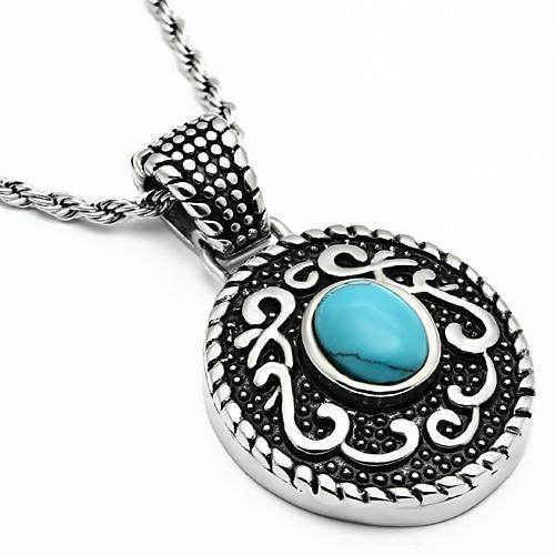 Men's silver necklace high polished with a turquoise stone and intricate design for a stylish look