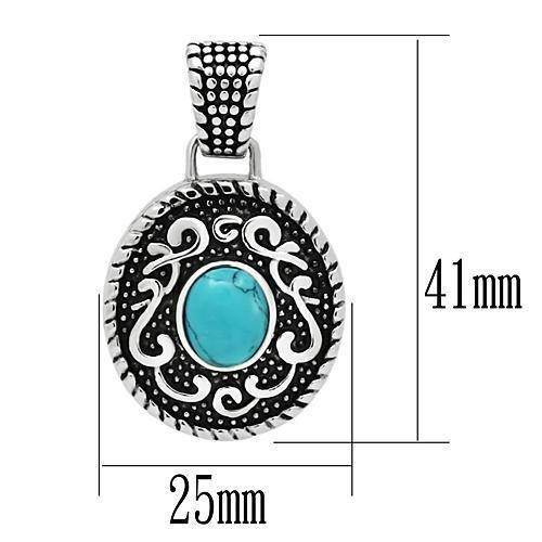 Men's silver necklace high polished with a turquoise stone pendant and intricate detailing