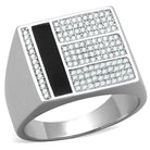 Mens silver ring with cz stones featuring three rows of sparkling cubic zirconia and a sleek black accent