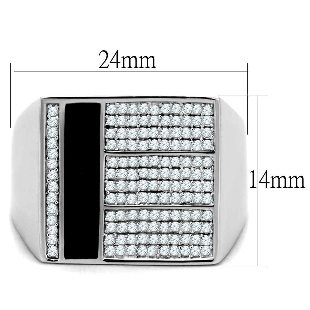 Stylish mens silver ring with cz stones featuring a sleek black accent and intricate detailing
