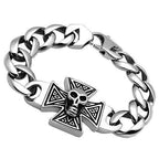 Men's skull bracelet high polished with a bold design featuring a cross and skull detailing