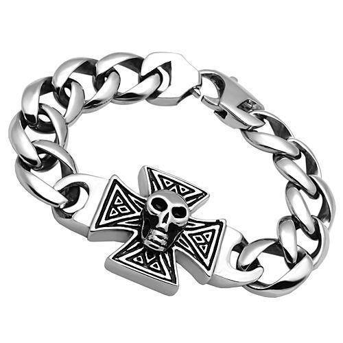Men's skull bracelet high polished with a bold design featuring a cross and skull detailing
