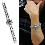 Men's skull bracelet high polished with a bold design featuring a cross and skull detail