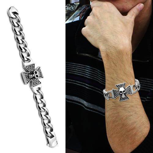 Men's skull bracelet high polished with a bold design featuring a cross and skull detail