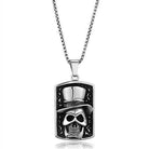 Men's skull necklace featuring a detailed skull pendant with a top hat on a silver chain