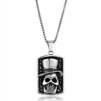 Men's skull necklace featuring a detailed skull pendant with a top hat on a silver chain
