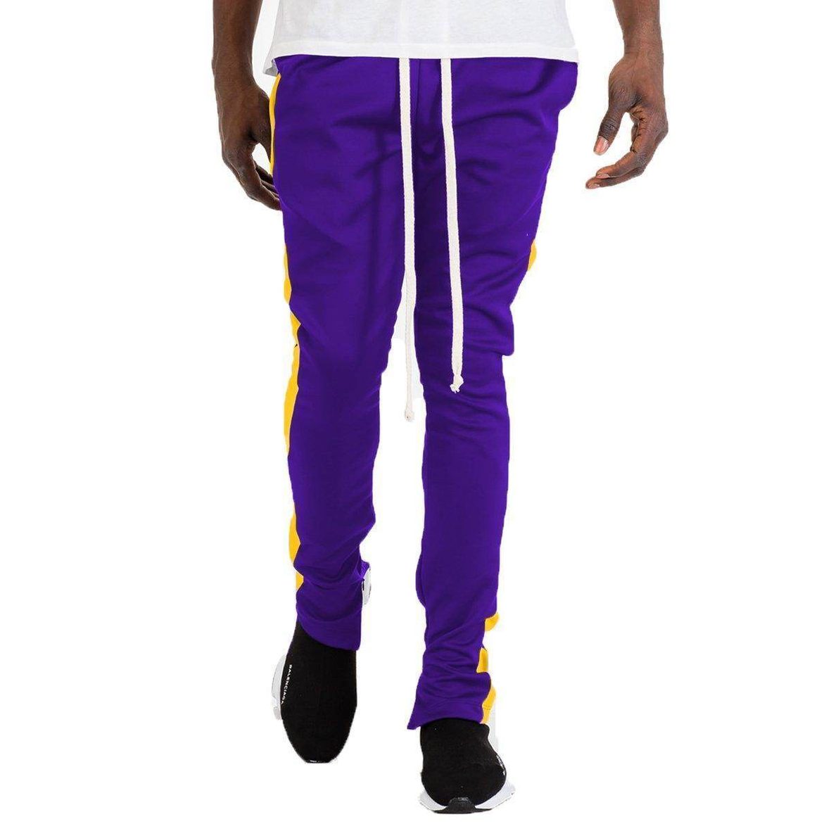 Men's slim fit track pants in purple with yellow side stripes, perfect for casual and athletic wear