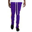 Men's slim fit track pants in purple with yellow side stripes, perfect for casual and athletic wear