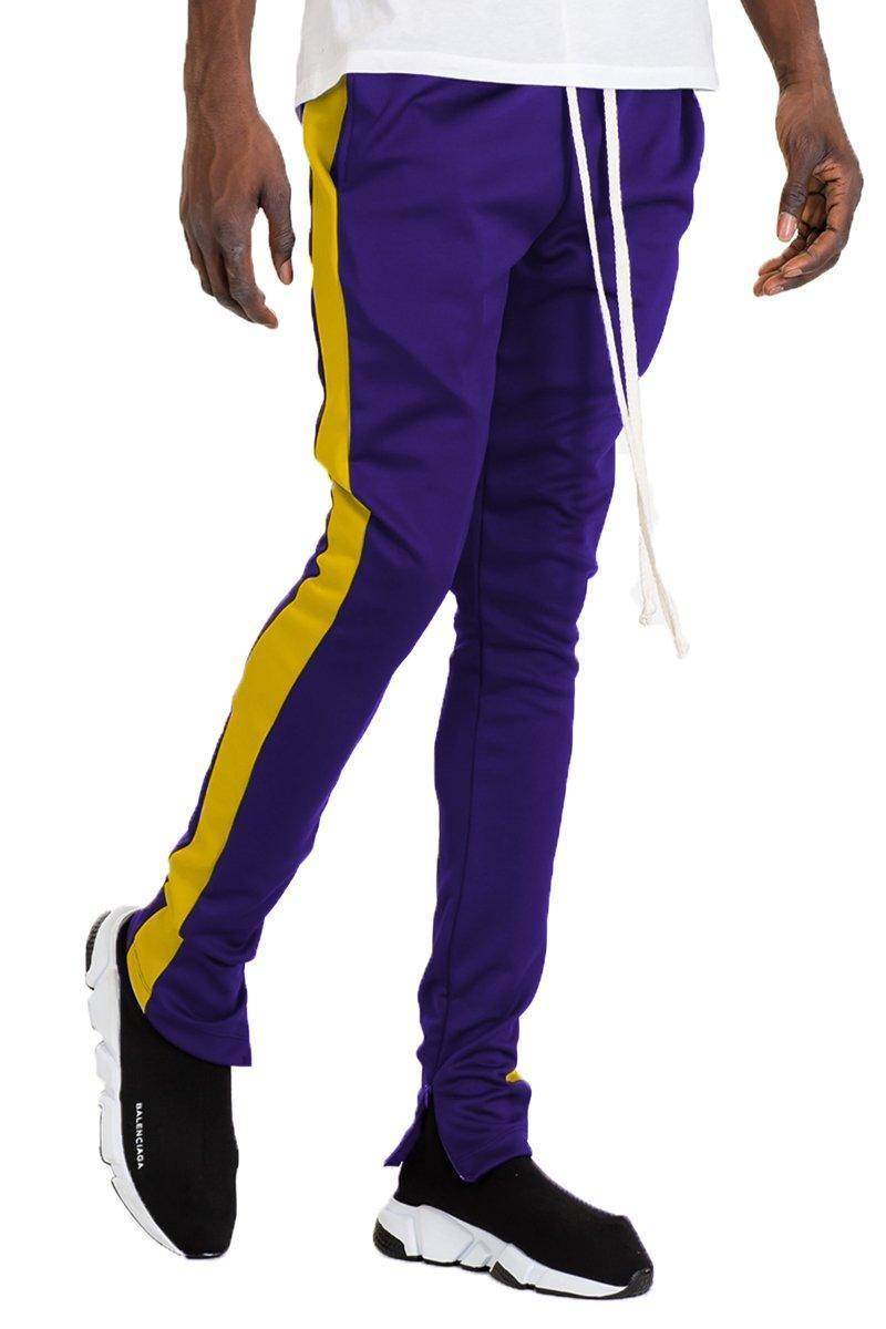 VacationGrabs mens slim fit track pants in purple and yellow with a stylish design for comfort and performance
