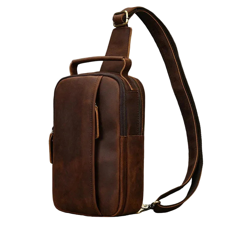 Mens sling shoulder bag in brown leather for everyday use