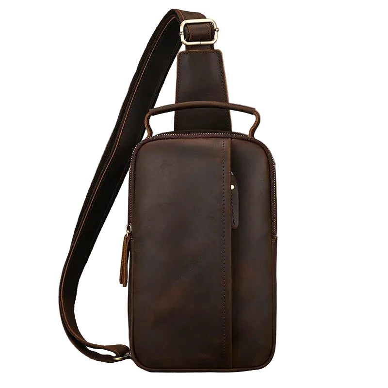 mens sling shoulder bag in brown leather for daily use