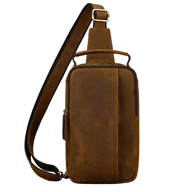 Brown leather mens sling shoulder bag for daily use