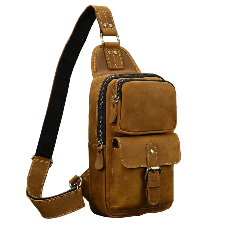 Brown men's sling shoulder bag, durable material for everyday use