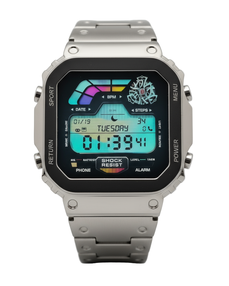 Dapr men's smart watch with GPS featuring a digital display and stainless steel band