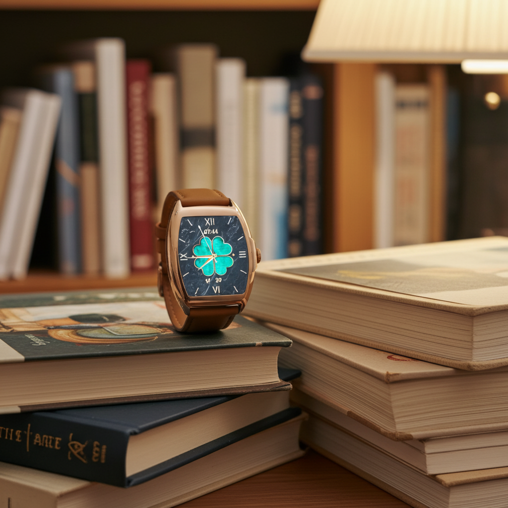 Dapr Men's Smartwatch for iOS and Android with modern design and brown leather strap on a stack of books