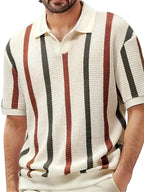 Men's Spring/Summer Lightweight Striped Knit Cardigan with V-neck Short Sleeve Polo Shirt. Business casual slim-fit style Breath