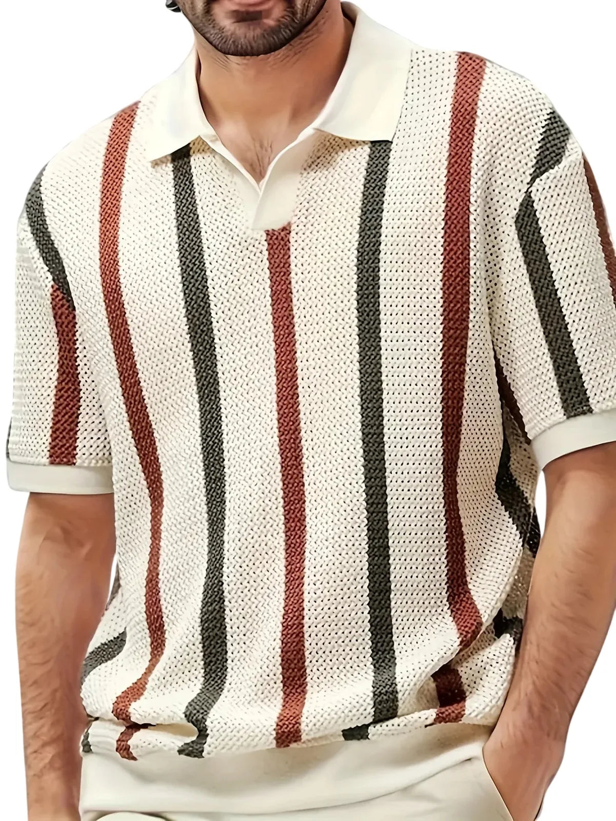 Men's Spring/Summer Lightweight Striped Knit Cardigan with V-neck Short Sleeve Polo Shirt. Business casual slim-fit style Breath