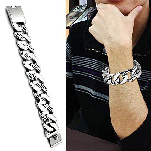 Men's stainless steel bracelet featuring a sleek design on a model's wrist for everyday wear