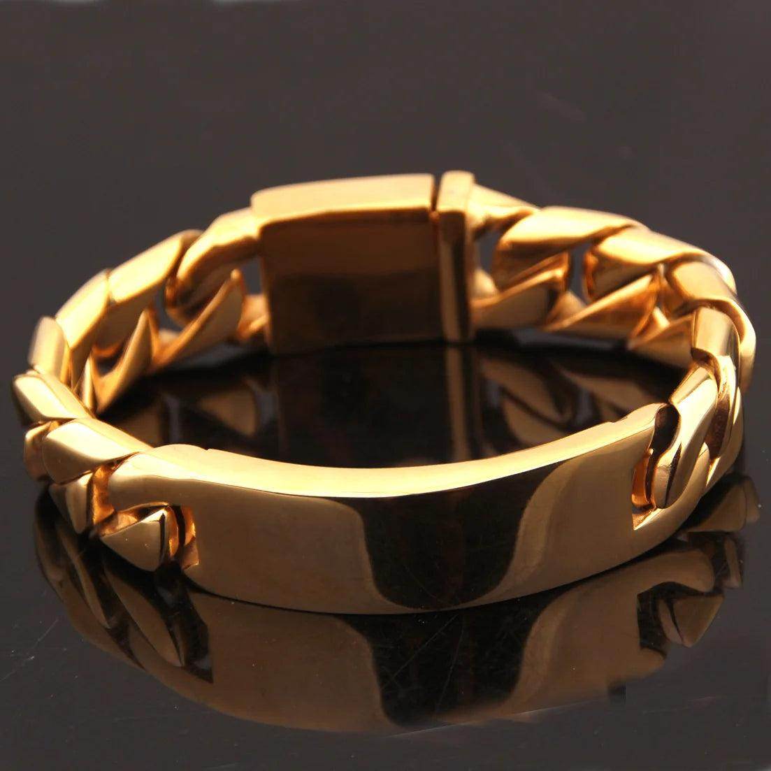 Men's stainless steel ID bracelet in gold tone with a sleek design and secure clasp