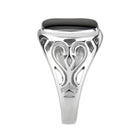 Men's stainless steel ring with intricate design and black onyx stone centerpiece