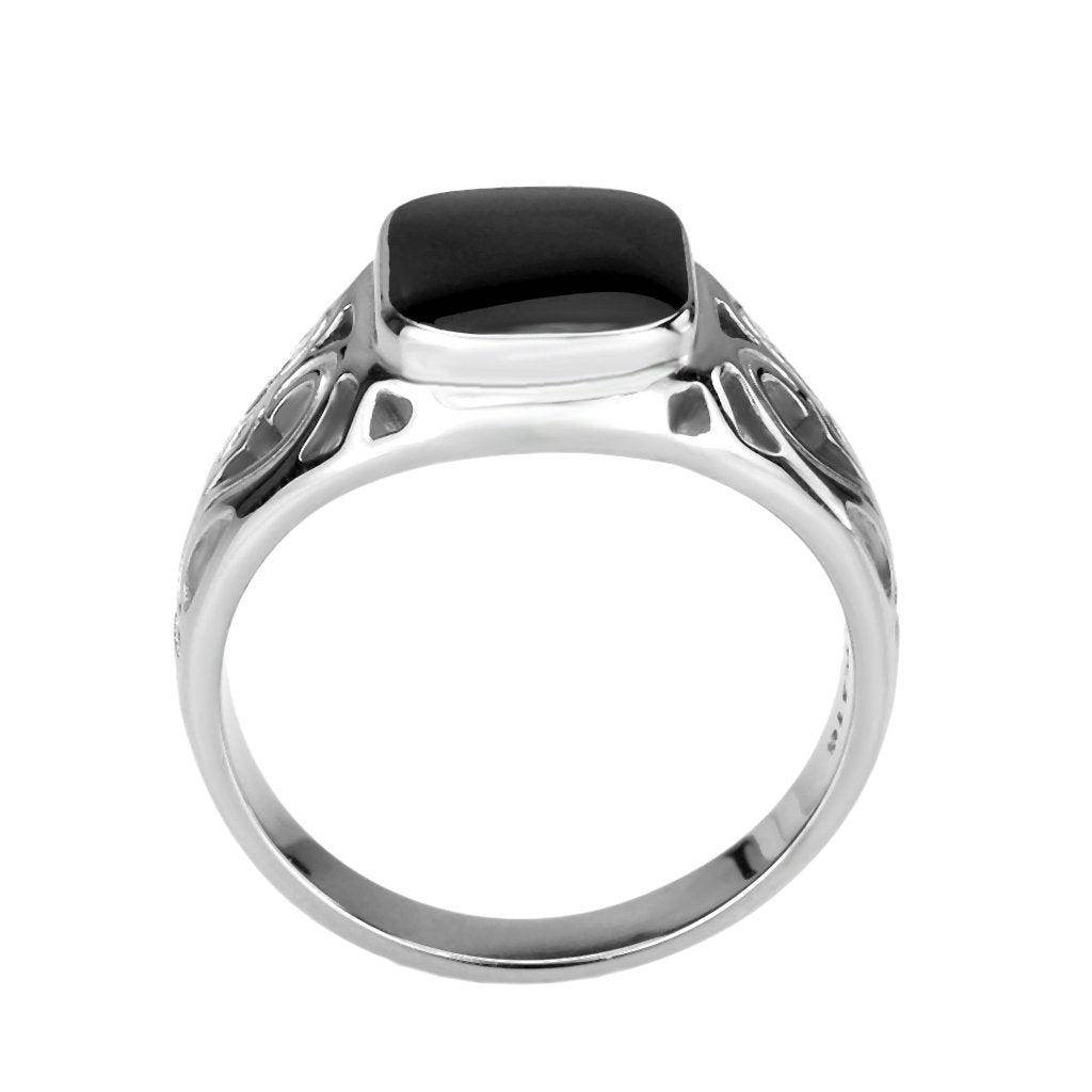 Men's stainless steel ring with a polished black stone and intricate band design for a stylish look
