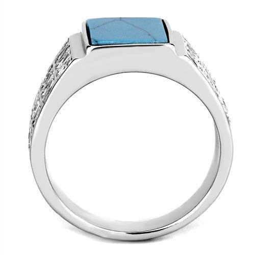 Men's stainless steel ring with a blue stone and textured sides for a stylish look