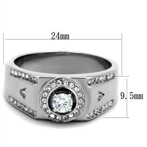 Men's stainless steel ring featuring a circular crystal centerpiece and decorative detailing