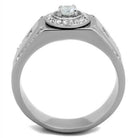 Men's stainless steel ring with a sparkling center stone and intricate detailing