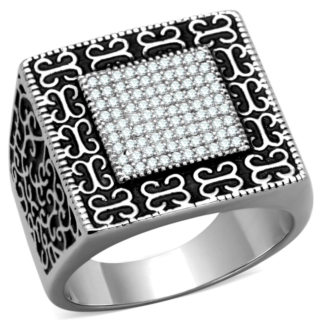 Mens sterling silver CZ ring featuring intricate designs and sparkling stone detailing.