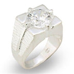 Men's sterling silver ring featuring a large clear gemstone and a unique textured design