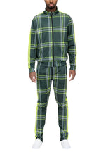 WEIV men's stylish track suit with a plaid design in green and yellow for trendy sportswear
