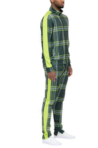 WEIV mens stylish track suit in green plaid design with neon accents and a comfortable fit