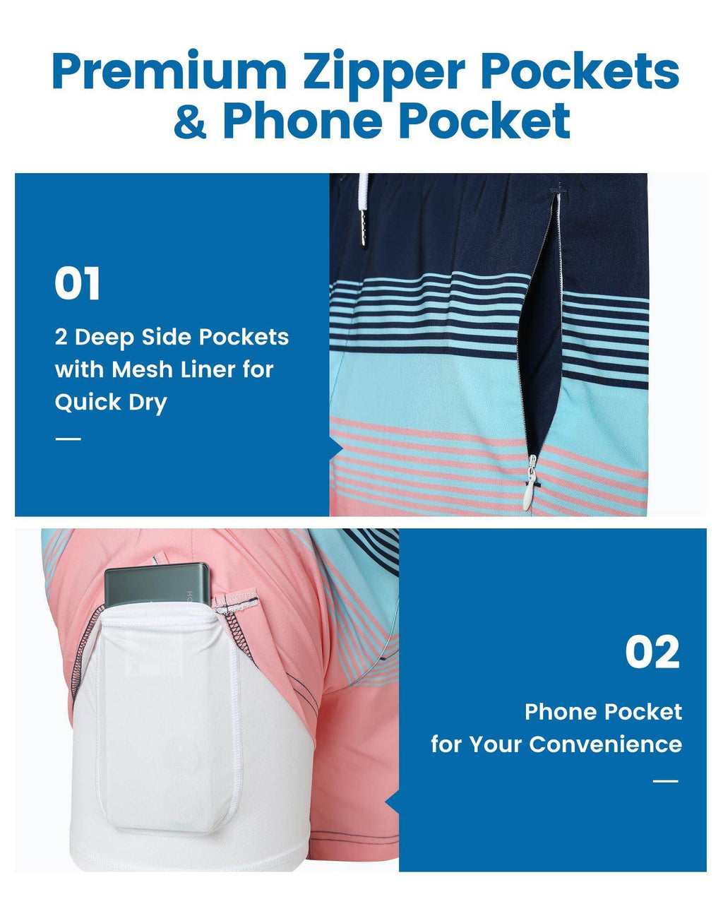 Mens Swim Trunks Compression Liner Quick Dry Zipper Pockets - VacationGrabs