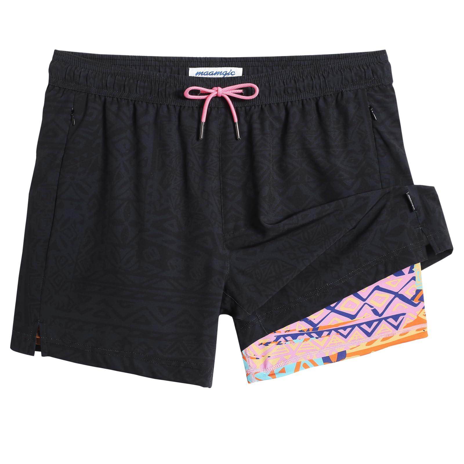 Mens Swim Trunks Compression Liner Quick Dry Zipper Pockets - VacationGrabs